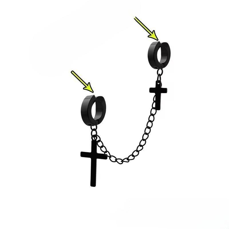 Earring with Chain Hook, Male Style, Titanium and Steel Cross-shaped, Trendy Stud Earrings, Retro Stainless Steel, Hip-hop Style Pendant Earrings