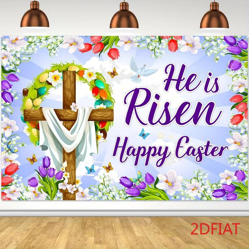 2D Happy Easter Cross Backdrop, 2D Floral and Dove Decor