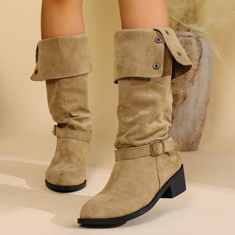 Women'S Solid Color Trendy Knight Boots Buckle Decor Chunky Heel Mid Calf Botas Mujer  Autumn Winter Slip On Slouchy Boots
