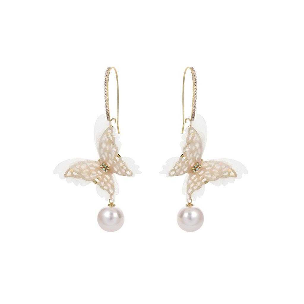 Super Fairy Mori Gentle Fabric Mesh Butterfly Ear Buckle, Simple And High-End Exquisite Diamond-Set Pearl Earrings
