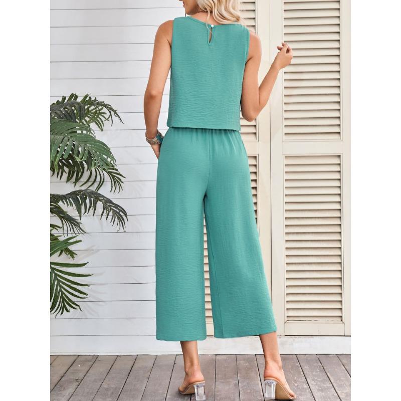Women Summer Casual Sleeveless Vest Wide Leg Cropped Pants Two Piece Set