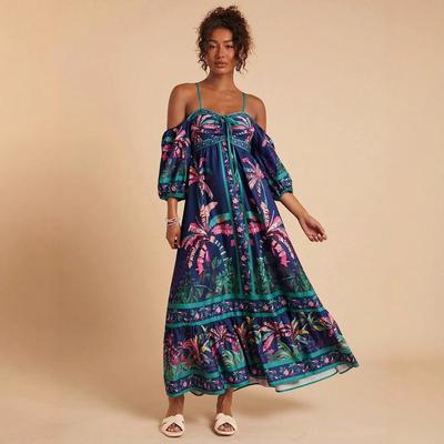 European and American Summer Models, Positioning Printing Suspenders, One-word Shoulder Off-the-shoulder Dress D04
