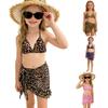 Girls Three Piece Swimsuit Set Leopard Print Bikini Top Adjustable Halter Neck Bottoms with Matching Wrap Skirt Beachwear