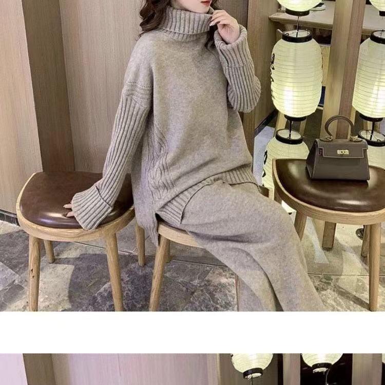 Podzim Zima Volný Ležérní Svetr Kalhoty se Širokými Nohavicemi Dvoudílný Set Ženy Líný Styl Hong Kongská Móda