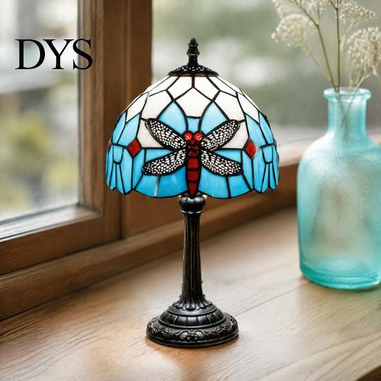Soft Warm Light Fixture Tiffany Dragonfly Stained Glass Table Lamp, Vintage Blue Bedside Night Light, Style Ornament Decorative Atmosphere Lamp