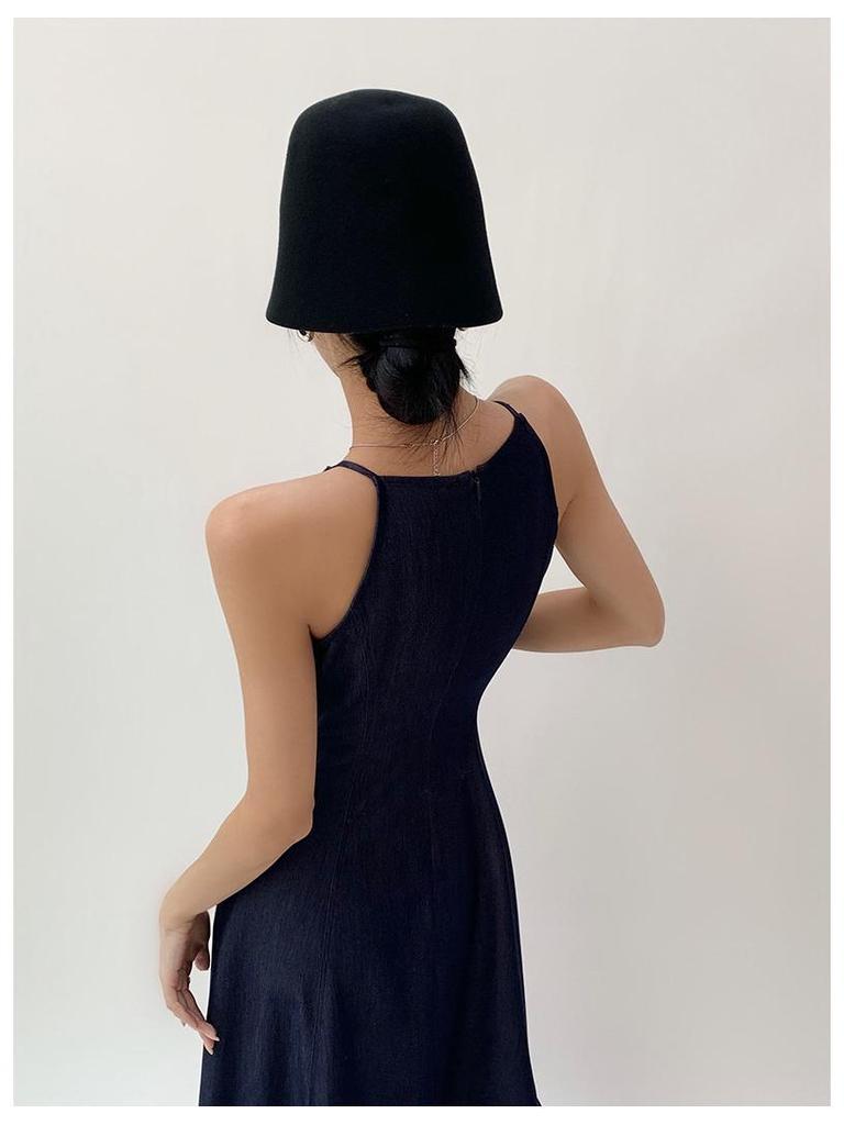 Washed Denim Waist-Defining Big Swing Long Sundress