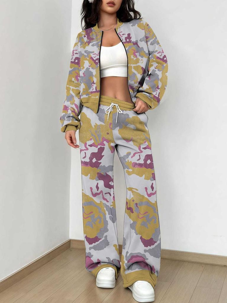 Simple Autumn and Winter New European and American Women's Clothing Yellow-green Camouflage Printing Suit Women