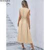 MODIQUE 2025 Summer Plus Size New Women's Casual Solid Color Off Shoulder Elastic Waist Sleeveless O-Neck Long Dress