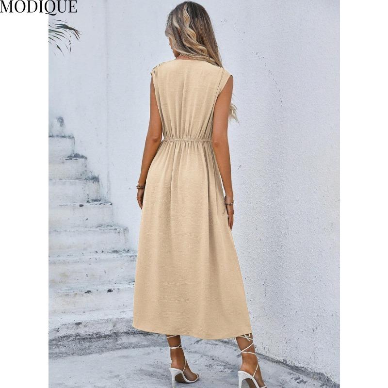 MODIQUE 2025 Summer Plus Size New Women's Casual Solid Color Off Shoulder Elastic Waist Sleeveless O-Neck Long Dress