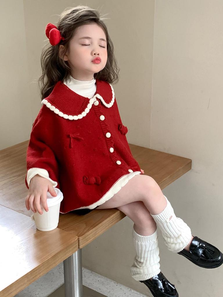 2025 Fashionable Red Knitted Girls' Cardigan – Autumn Spring Outerwear for Baby and Little Girls