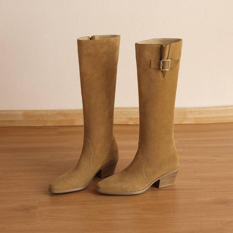 Autumn and winter women's leather boots leather large size women's boots medium heel round head versatile square heel rubber thick-soled sleeve hig