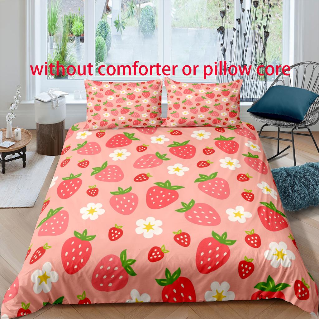 Strawberry Flower Style Digital Printed Duvet Set - Polyester - Bedroom Decor -1 Bed Cover +2 Pillowcases (no Pillow Core)