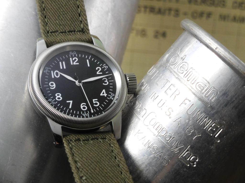 Military Type Black Green Cloth Strap M.R.M.W. Men's Watch, A-11, 12H, Dial,