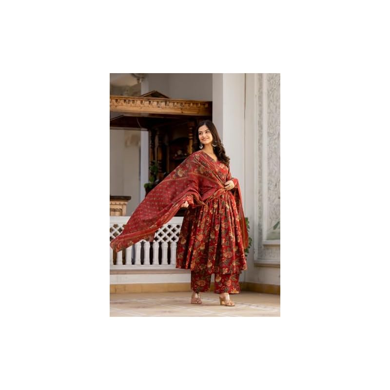 GRECIILOOKS Rayon with Dupatta Kurti Festive Set for Women | Regular Fit Kurta (GL-K2747&P169&D106_RED_M) M