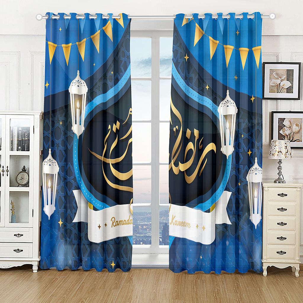 Islamic Traditional Festival Eid Curtain Luxury Living Room Bedroom Home Decor Shade Curtain 2 Panel Punch Hooks