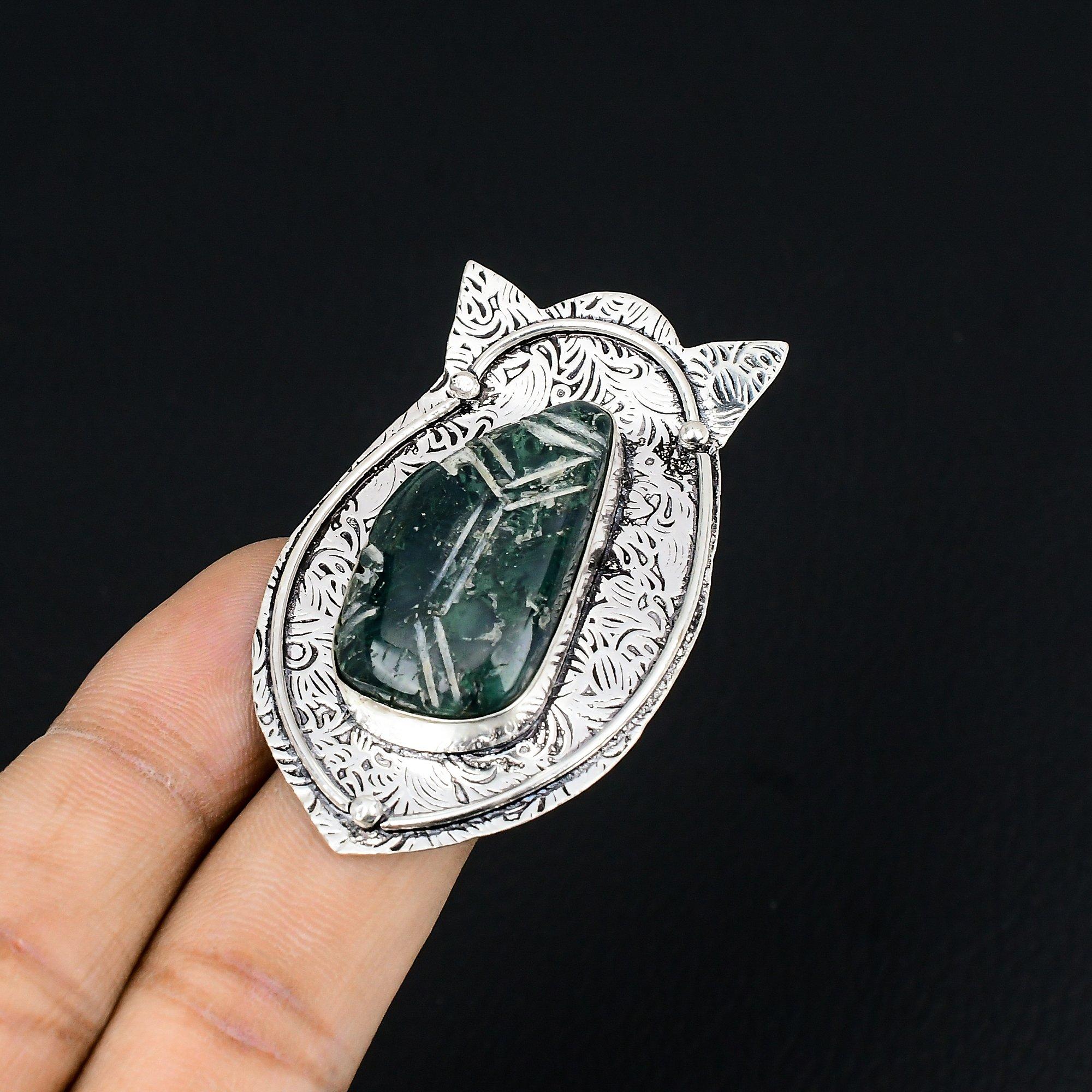 Natural Solar Moss Agate Gemstone Stackable Ring Size 7.5 925 Silver For Girls 7.5