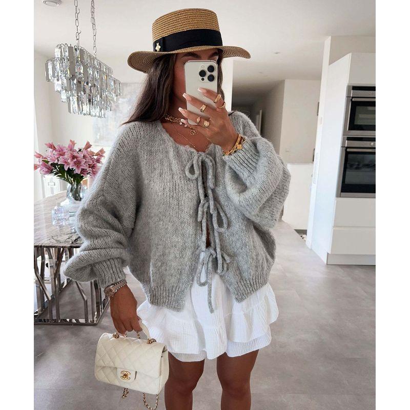 Simple Sweater2025 European and American Autumn and Winter New Women round Neck Lace-up Knit cardigan Simple Sweater Outerwear