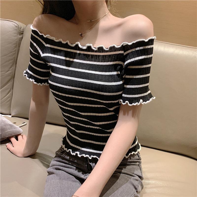 Women's Slash Neck Striped Short Sleeve Knitted Ruffles T-Shirt