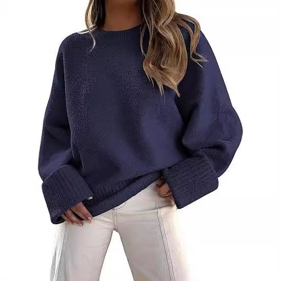 Knitted Autumn and Winter European and American Versatile Street Style Round Neck Pullover Loose Women's European Certification