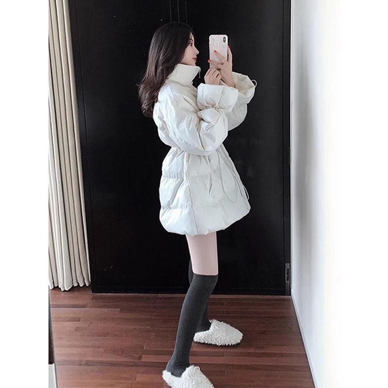 2024 Women's Mid-Length Down Cotton Coat - Hong Kong Style, High-End Niche, Drawstring Waist Winter Jacket