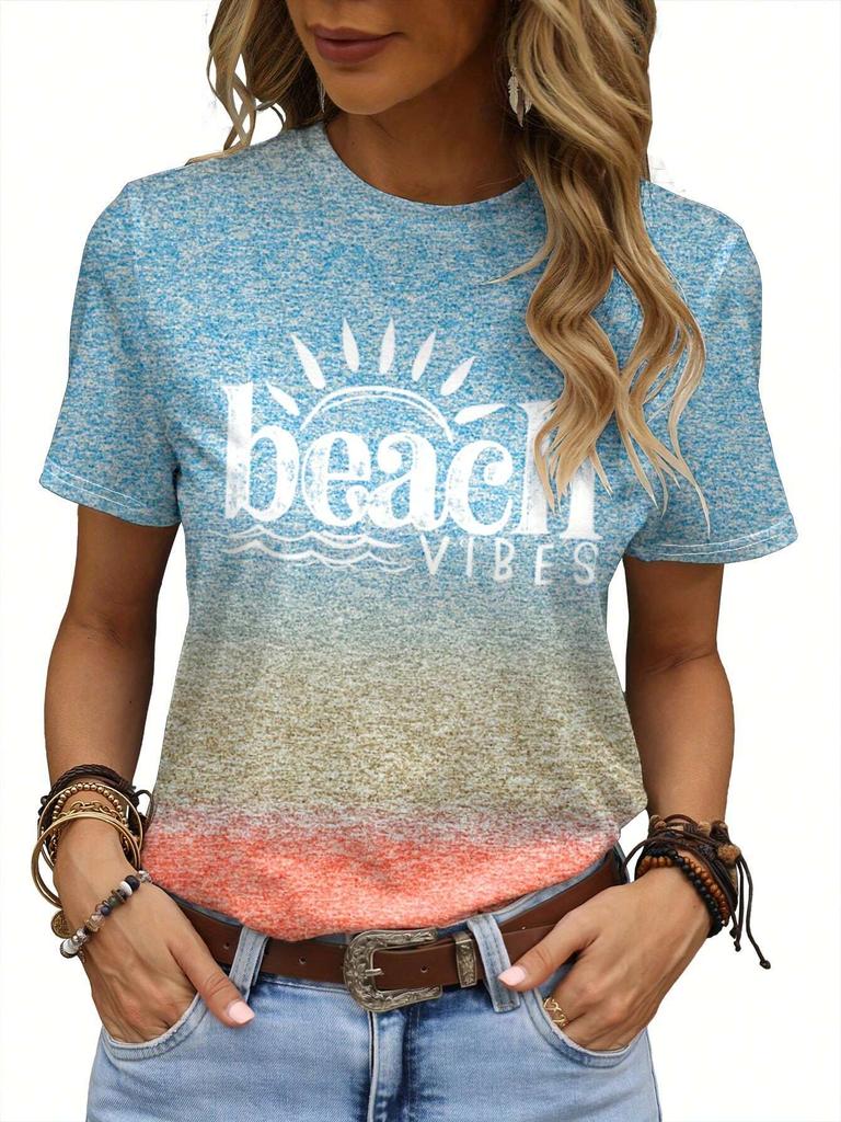 Summer Letter Beach Vibes 3D Print T-shirts Women Streetwear Casual Fashion Y2k Short Sleeve T Shirt O-neck Tees Tops Clothing