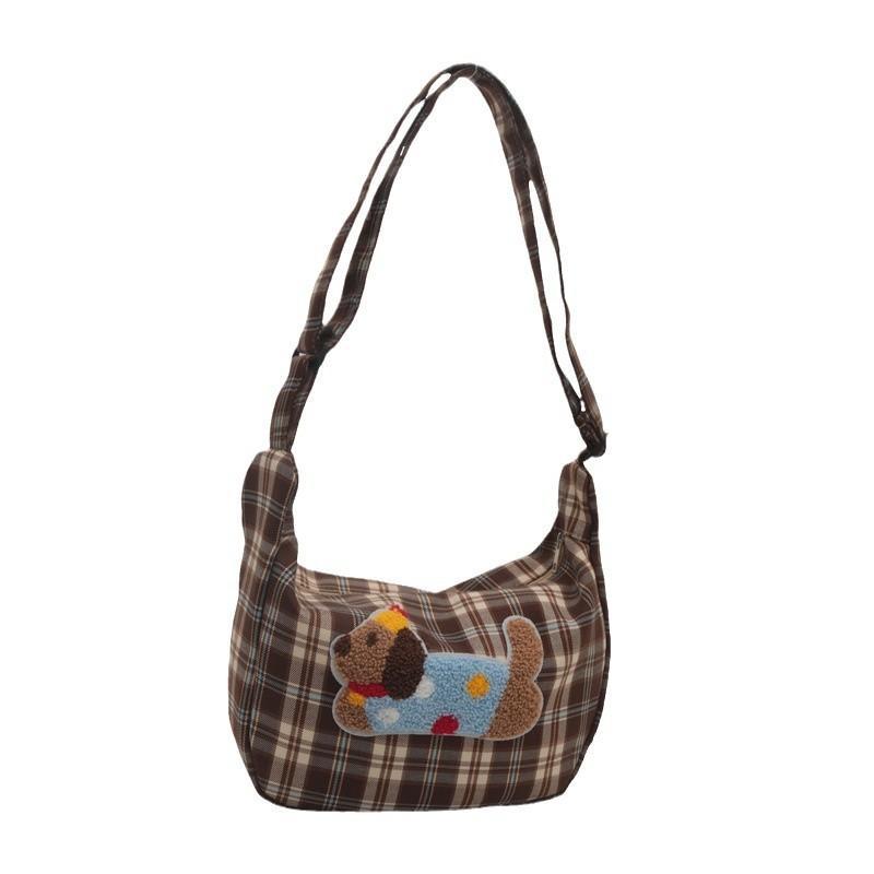 Korean Style Fashion Checkered Dumpling Bag New Style Women's Bag Cute Spotted Dog Student Class Shoulder Bag Trendy Crossbody Bag