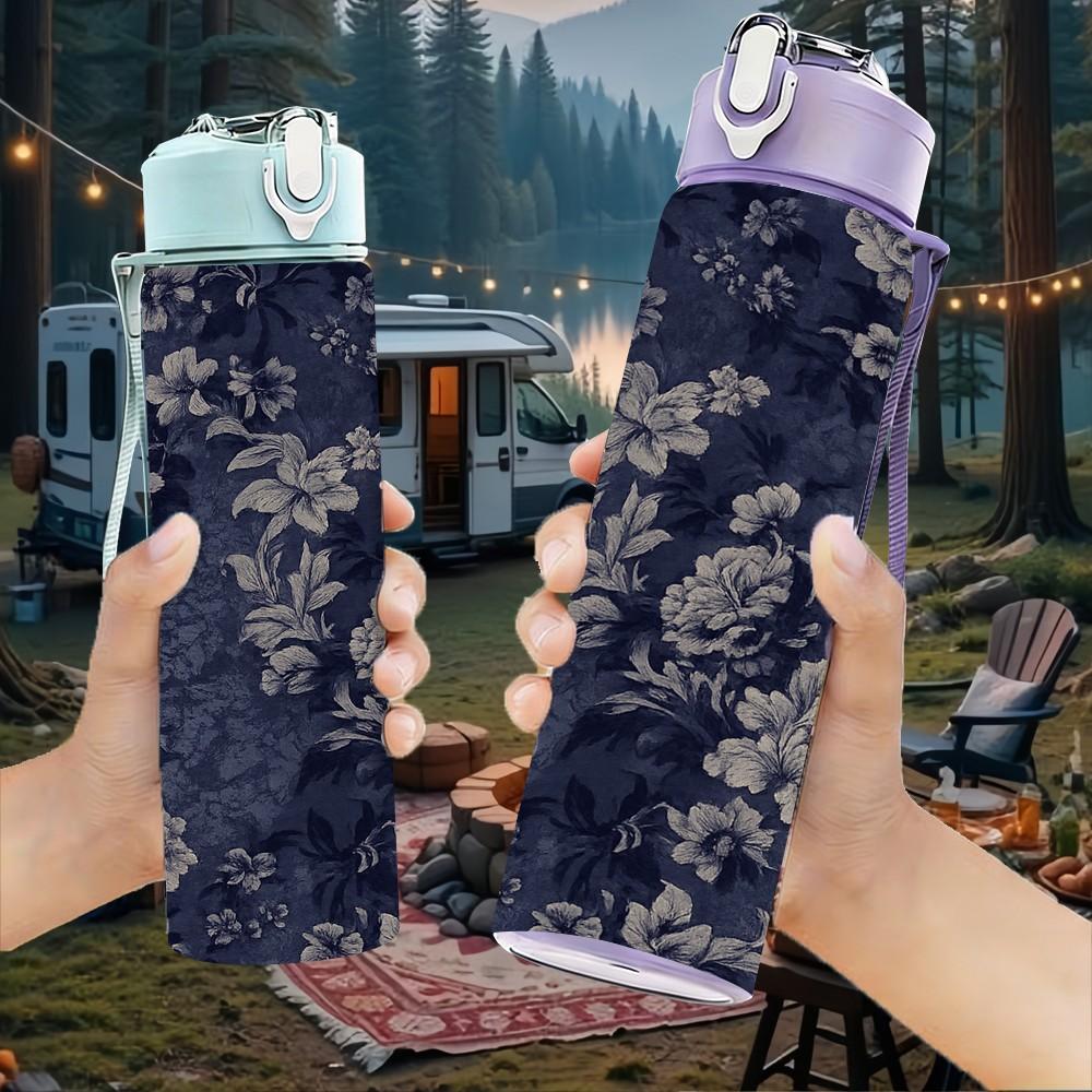1PC Dark Blue Vintage Flower Print 750ml Color Plastic Sports Water Bottle Leakproof Flip Straw Lid Suitable for Sports Office Home Use