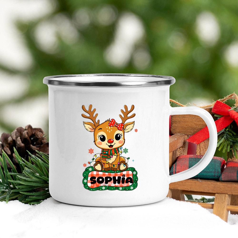 Personalized Cute Pattern Enamel Mugs Custom Name Printed Handle Cups Hot Chocolate Coffee Tee Cup ChristmasGifts