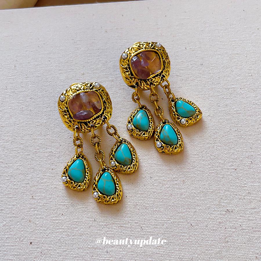 Retro Silver Needle Pearl & Faux Stone Geometric Tassel Earrings