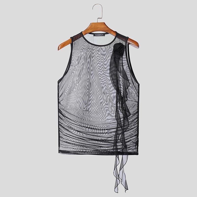 

INCERUN Men Sleeveless Floral Ruffled Lace Transparent Mesh Sheer Party Tank Tops L чёрный