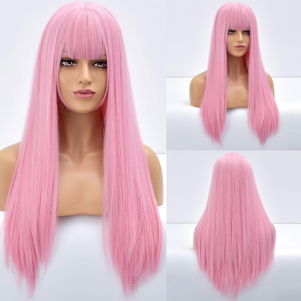 Natural Black Straight Synthetic Wigs For Women with Bangs 28Inch Daily Party Cosplay Wigs Heat Resistant Natural Hair Wig