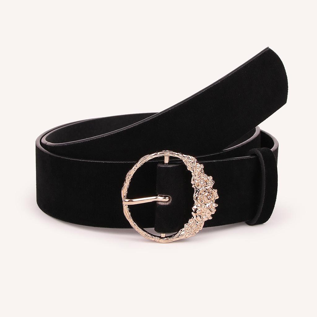 Floral Pattern Faux Leather Belt With Alloy Buckle For Womens Casual Wear Black Velvet
