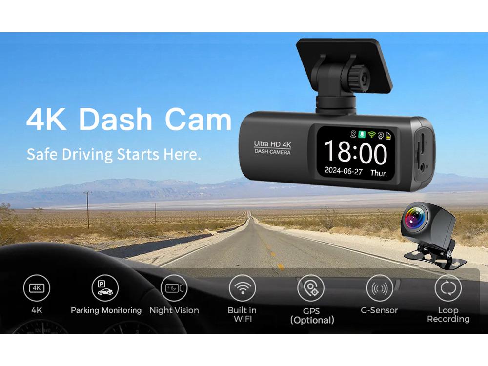 V22 4K Dual-Lens Dash Cam with GPS & Reversing Cam, Front & Rear Recording, Mobile App Integration