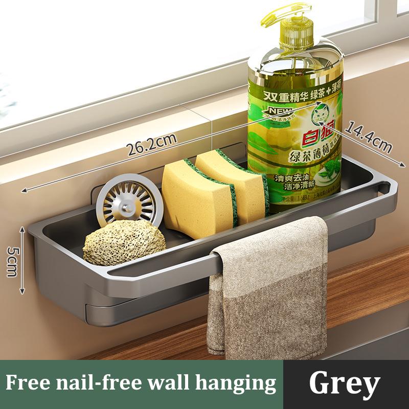 

1pcs Kitchen Sink Storage Rack Drain Rack with Towel Rack Wall Mounted to Store Sponge Soap Cleaning Tools Sink Accessories серый