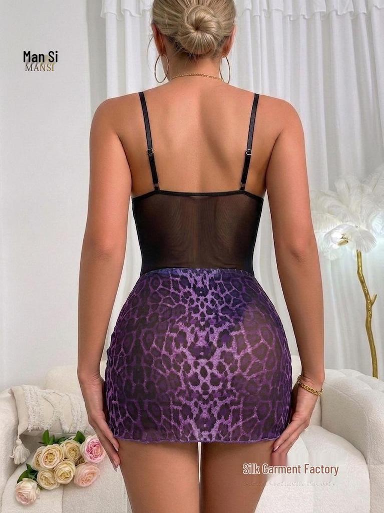 Leopard Print Lace Patchwork Push-up Lingerie Bodysuit with Apron Set