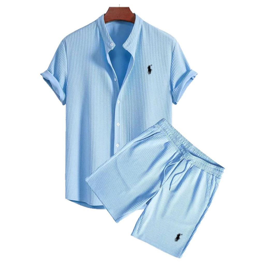 Men's 2025 European & American Summer Casual Embroidered Ice Silk Shorts and Shirt Set