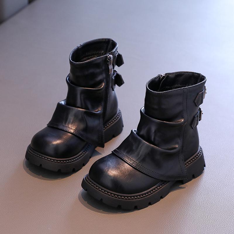 Winter Kid's Boot Plush Versatile Girls Cotton Boots Matte Leather Fashion Patchwork Children Causal Platform Ankle Boots Simple