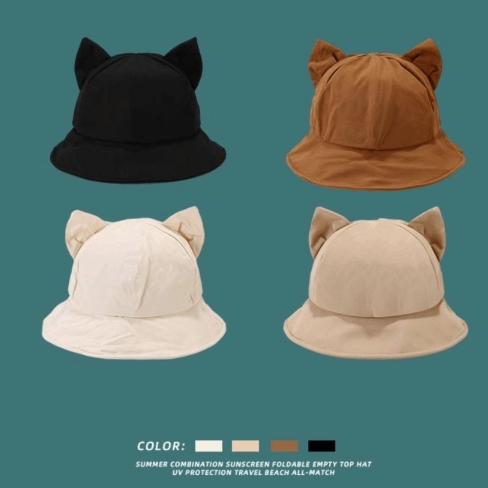 Anti-UV Cat's Ears Bucket Hat Wide Brim Sun Hat Casual Wide Brim Hat  Daily Wear