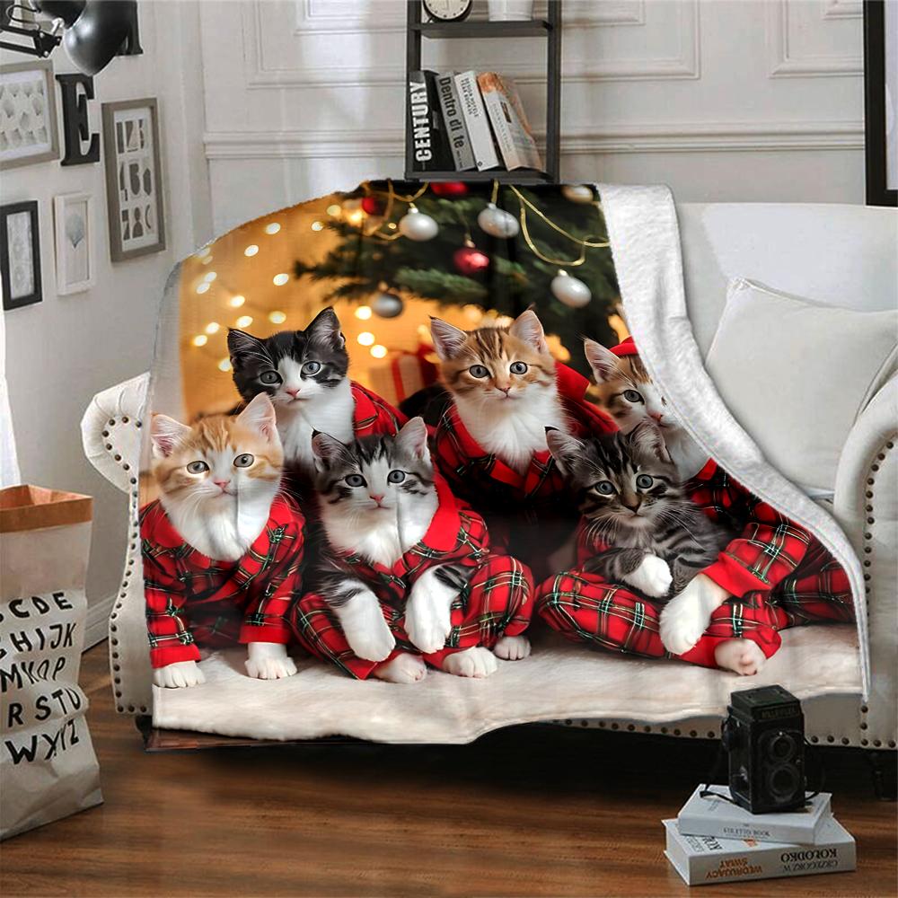 Christmas Cats Plaid Pajamas Blanket Soft Throw Blanket For Home Bedroom Bed Sofa Travel Office Solid Christmas Blanket
