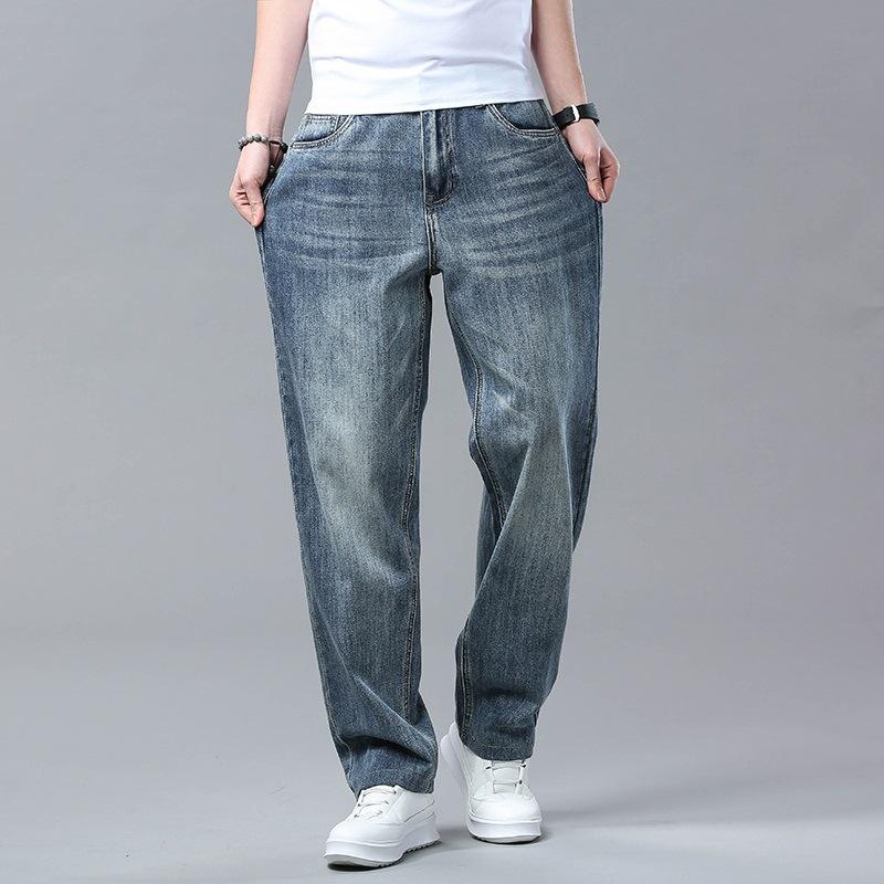 Calças de Jeans Masculinas Soltas Business Retas Verão Perna Larga Tamanho Grande Elásticas Meia-Idade Casuais