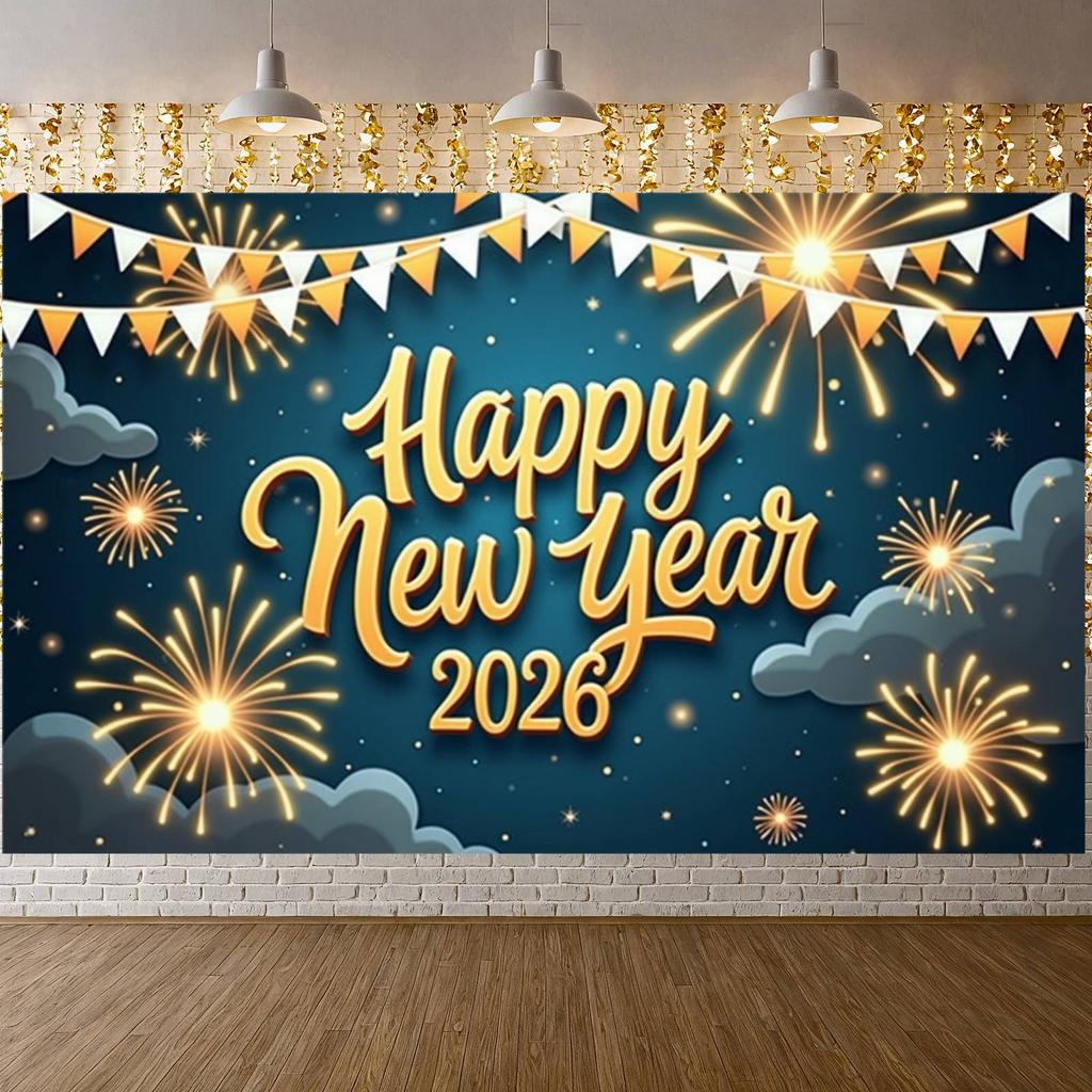 New Year Decor Banner Pattern Festive Display Holiday Background Gold Lettering Year Celebration Backdrop For New Year Eve