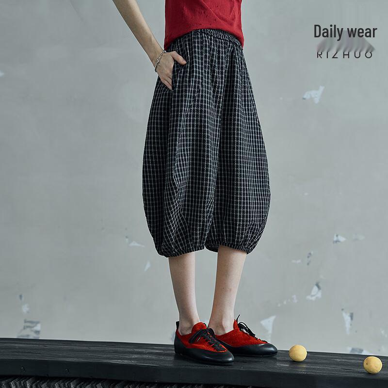 Rizhuo Women s Loose Fit Tile Plaid Cropped Pants XL