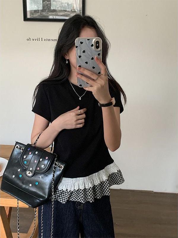 

Elegant Ruffled Patchwork Short Sleeve Women s Summer Crew Neck Top XL [Premium Quality] чёрный