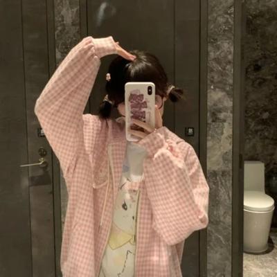 Outono e inverno doce e fofo estilo morango bolo bordado rosa xadrez amor zíper moletom jaqueta solta