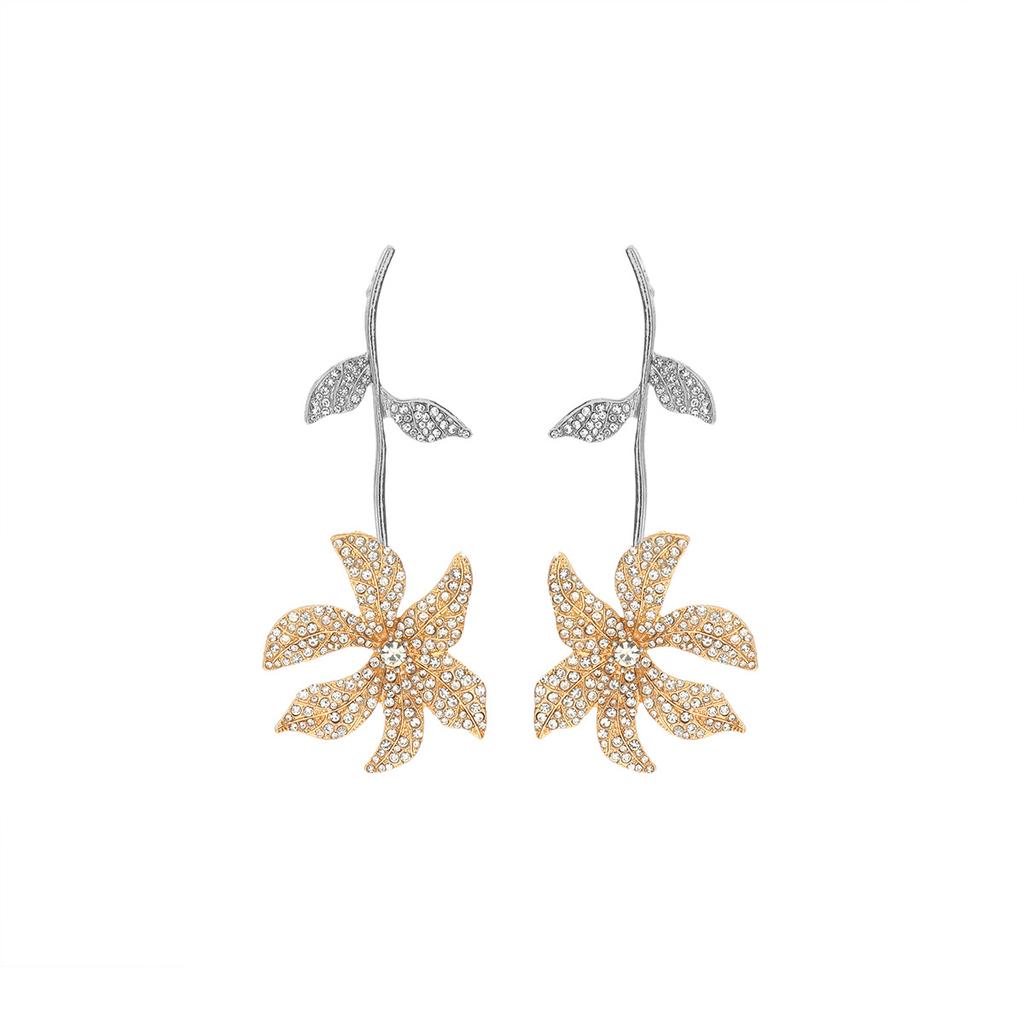 Exaggerated big flower, leaf, full diamond, multi-layer pendant earrings, women's fashionable high-end earrings