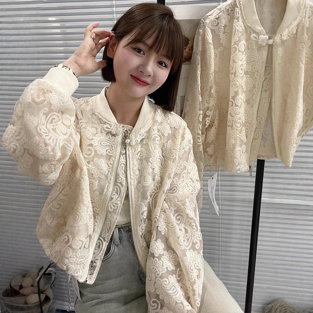 Women's Hollow Lace Jacket with Stand-up Collar - European Style, 2024 Spring, Korean Slimming Fit, Elegant Fragrance-Inspired Design.