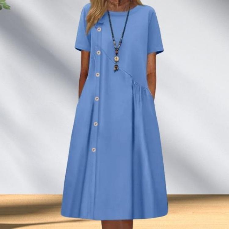 Casual Midi Dress for Women Beautiful Beach Dress Pleated O Neck Lady Clothes