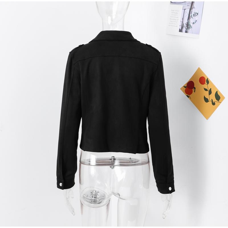 Jaqueta Vintage de Couro Camurça Sintético Slim Fina Feminina Gola Virada para Baixo Zíper Casaco Curto Manga Comprida Jaquetas Sólidas Estilo Motociclista Casual Outono Inverno