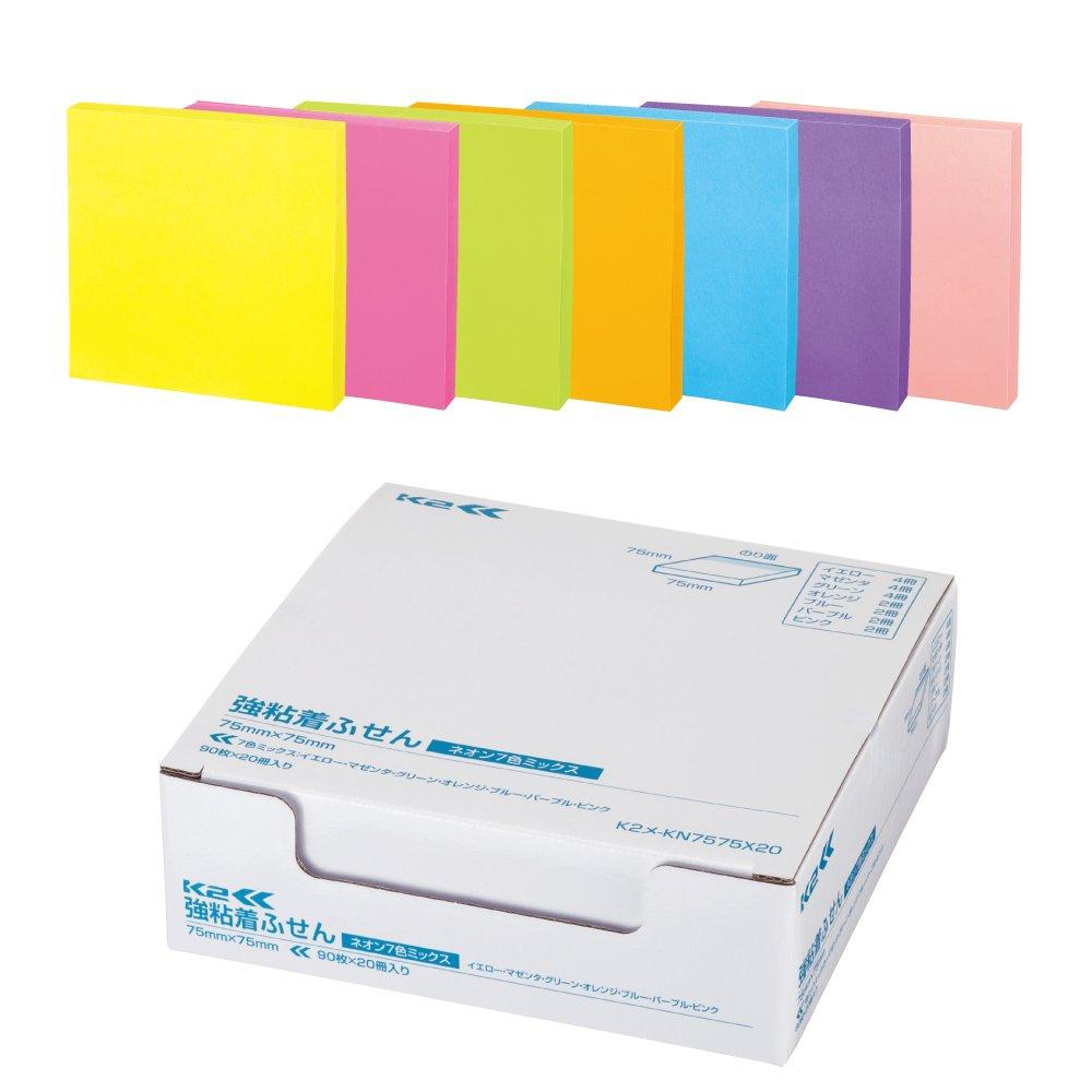 

KOKUYO Sticky Notes с сильным клеем K2 75 мм x 75 мм неоновые цвета 90 листов x 20 книг 7 цветов K2Me-KN7575X20