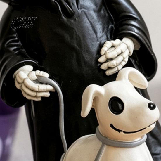 Cute Spooky Halloween Gift Grim Reaper & Ghostly Puppy Resin Figurine, Black Robed Skeleton with Ornament Ghost Dog Statue, Dark Gothic Decor for Desk